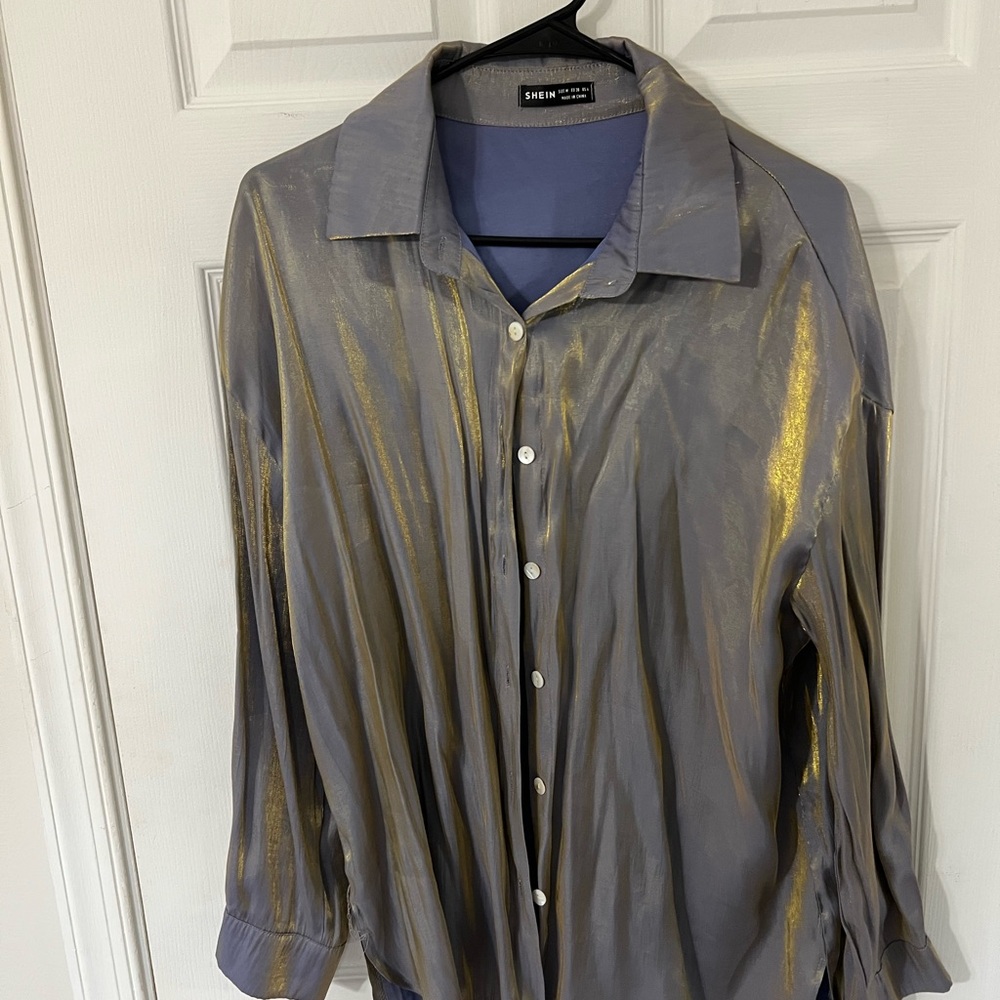 Button Front Drop Shoulder Metallic Shirt